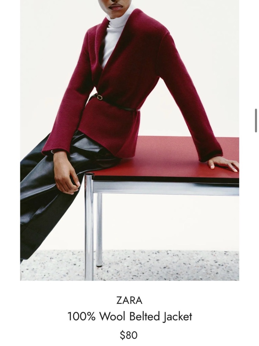 NWOT Zara 100% Wool, Belted Jacket in Burgundy, sz Med - Picture 5 of 5